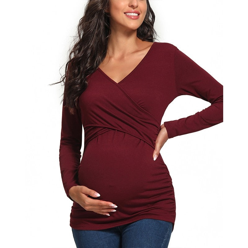 Maglia Premaman Allattamento | Cotone Elasticizzato | Scollo Incrociato