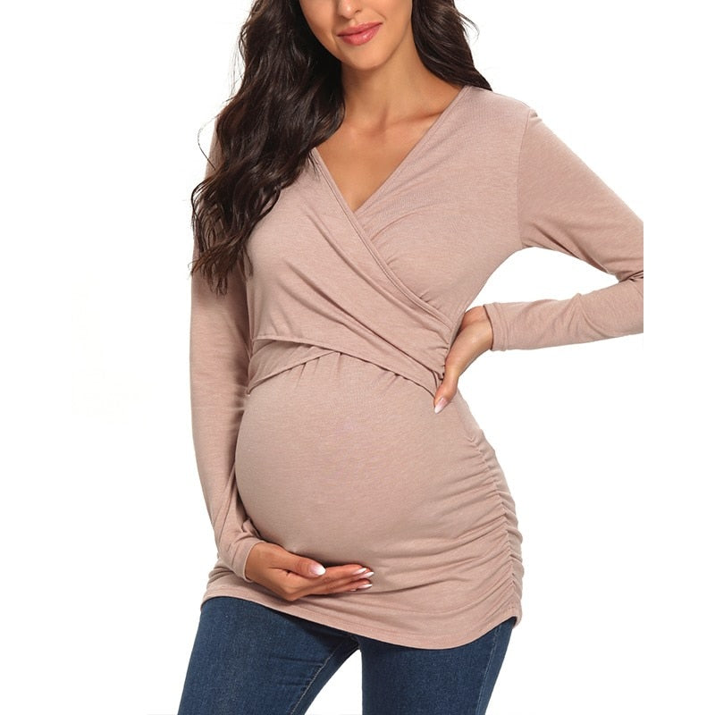 Maglia Premaman Allattamento | Cotone Elasticizzato | Scollo Incrociato