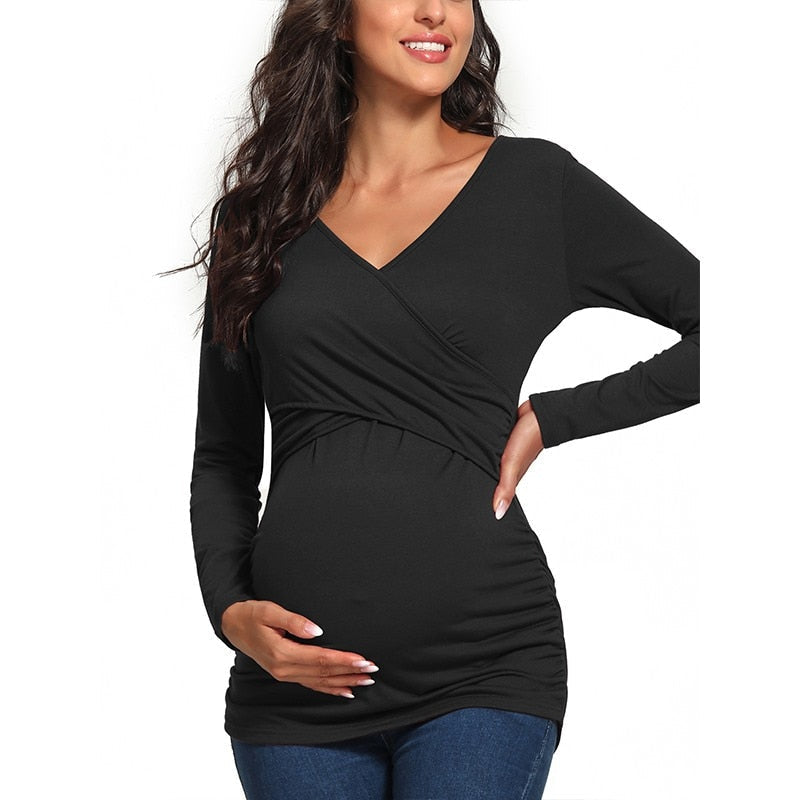 Maglia Premaman Allattamento | Cotone Elasticizzato | Scollo Incrociato