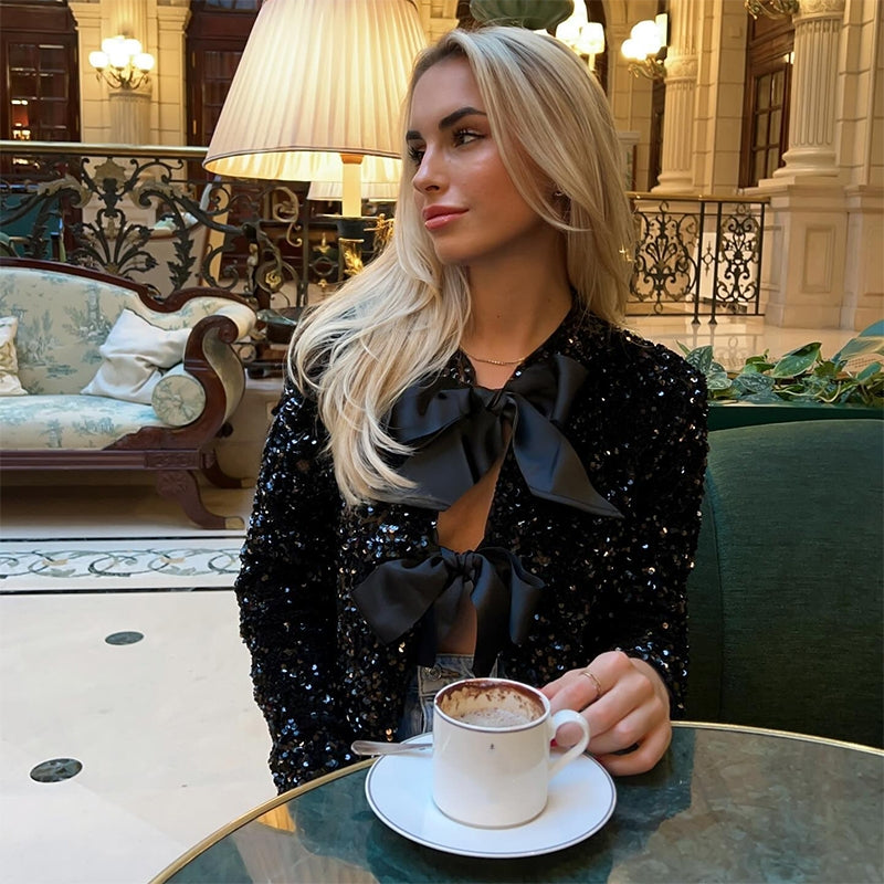 Cardigan Corto con Fiocchi | Paillettes | Eleganza Brillante