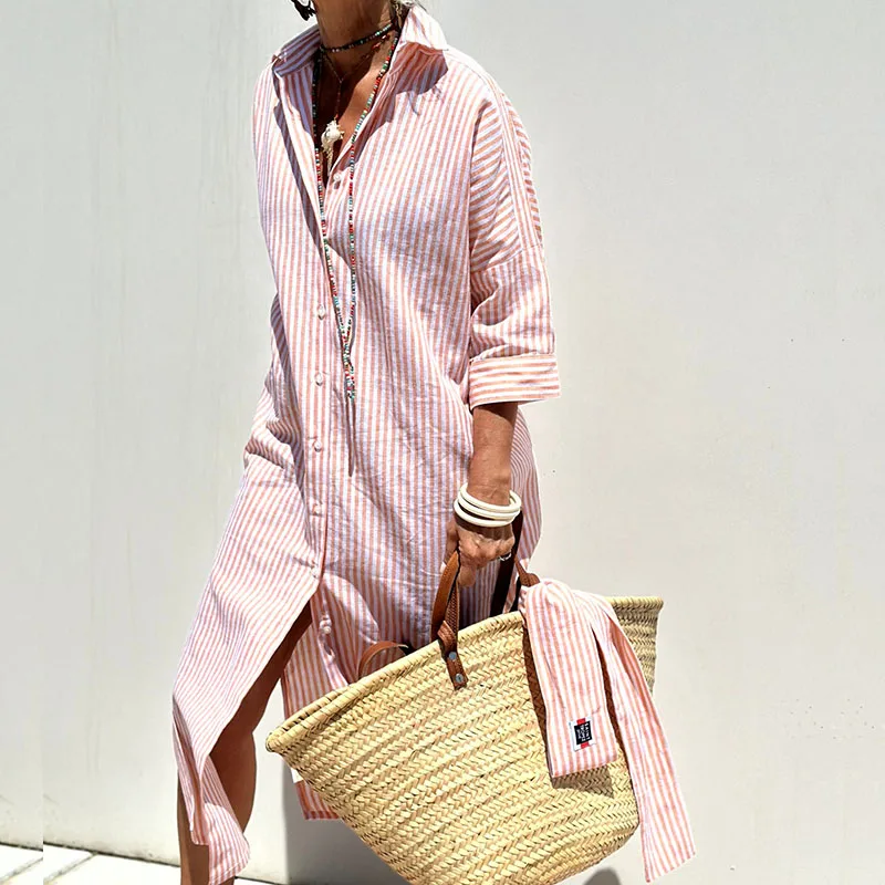 Camicia Lunga Estiva | Cotone-Lino | Righe e Spacchi Laterali