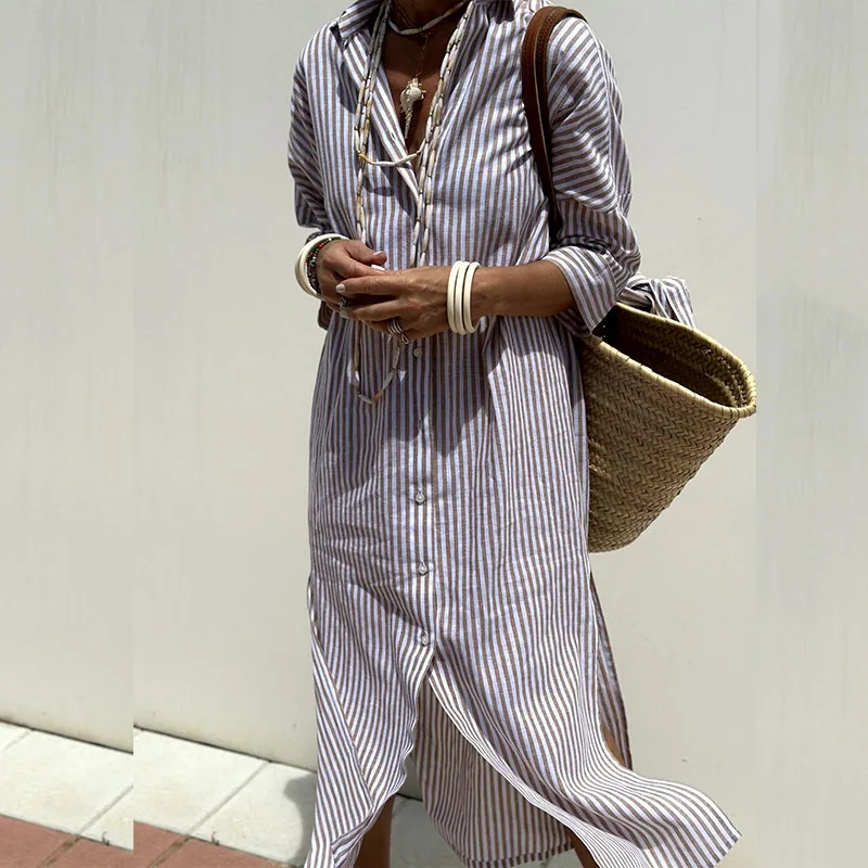 Camicia Lunga Estiva | Cotone-Lino | Righe e Spacchi Laterali
