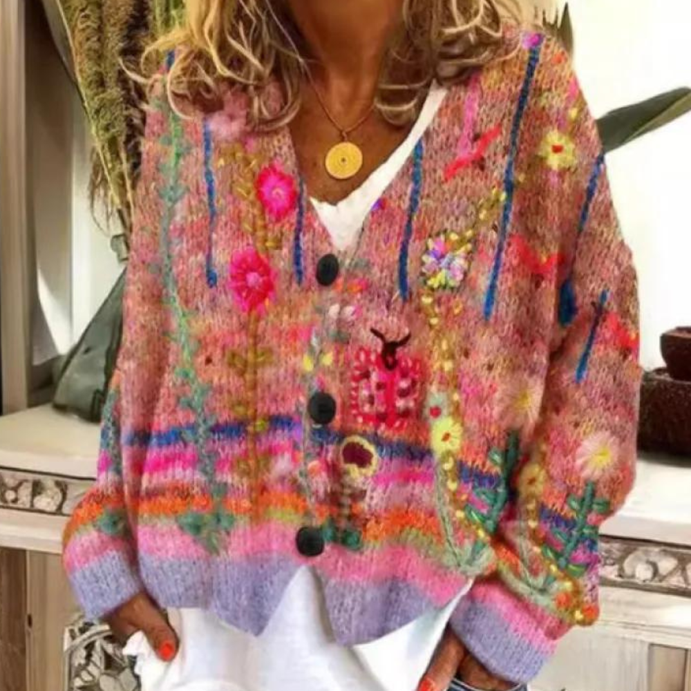 Cardigan Colorato con Fantasia Floreale | Misto Cotone | Boho Chic e Confortevole