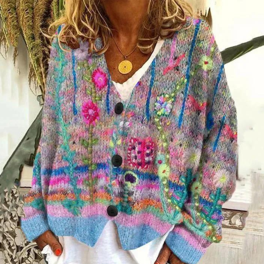 Cardigan Colorato con Fantasia Floreale | Misto Cotone | Boho Chic e Confortevole
