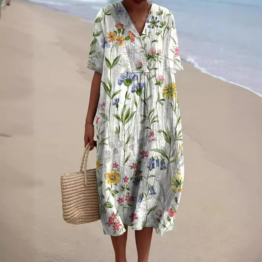 Abito Midi in Lino | Floreale | Ampio e Leggero