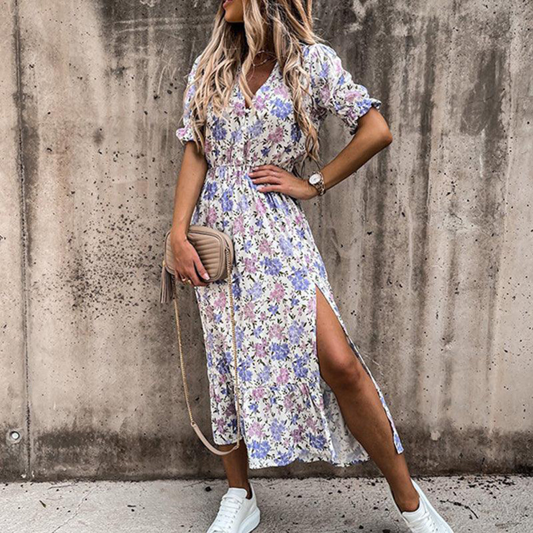 Maxi Abito Floreale | Romantico & Leggero | Scollo a V & Spacco Laterale