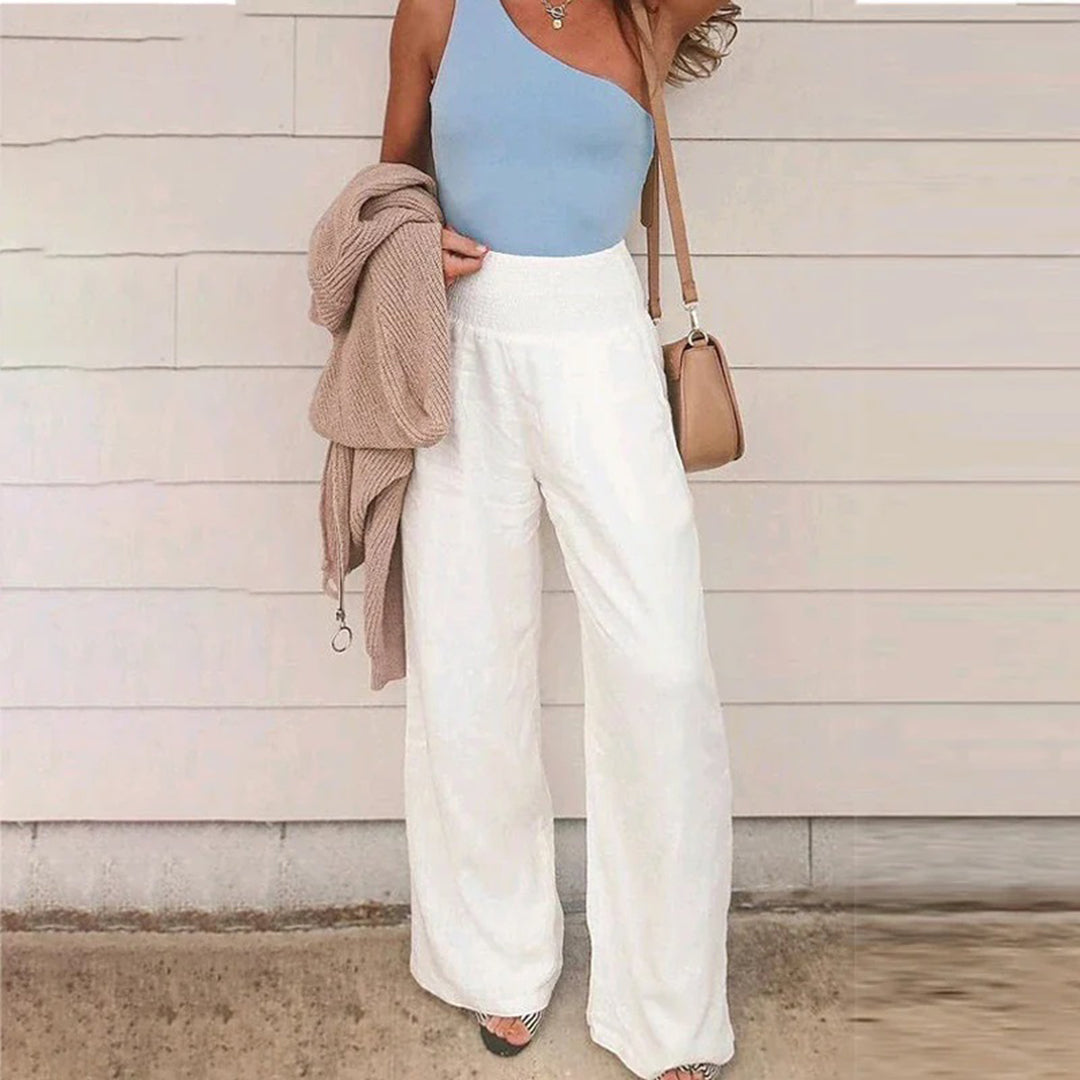 Pantaloni Estivi Donna | Cotone-Lino | Gamba Larga e Vita Alta con Cintura