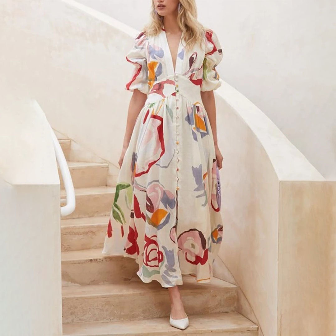 Abito Lungo Floreale | Maniche a Volant | Elegante e Femminile