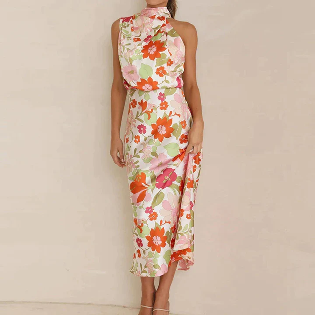 Abito Lungo in Raso Floreale | Elegante & Fluido | Perfetto per Eventi Estivi
