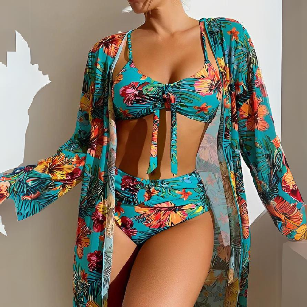 Set Bikini Tropicale con Copricostume | Poliestere ed Elastan | Modellante e Colorato