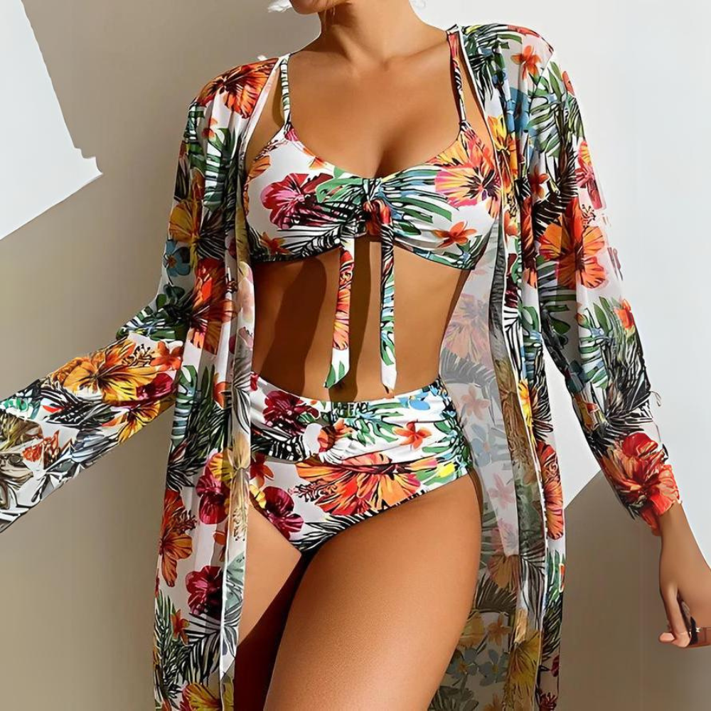 Set Bikini Tropicale con Copricostume | Poliestere ed Elastan | Modellante e Colorato