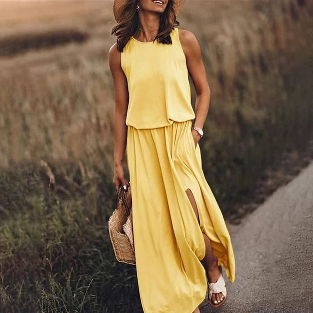 Abito Maxi Senza Maniche con Spacchi Laterali | Tessuto Leggero | Elegante e Casual