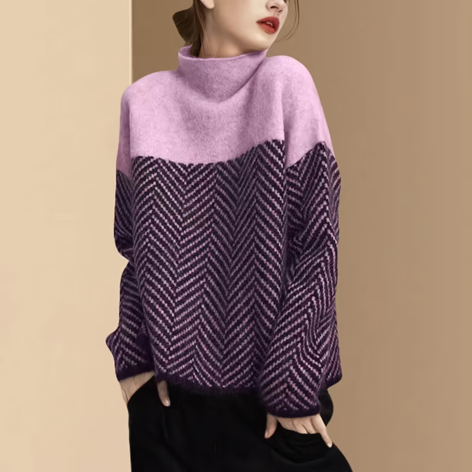 Maglione Bicolore | Collo Alto | Morbido e Caldo