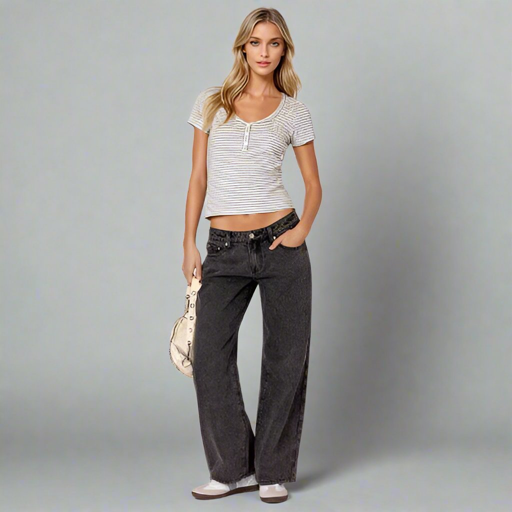 Jeans Donna a Gamba Larga | Denim Elasticizzato | Vita Media Vintage Look