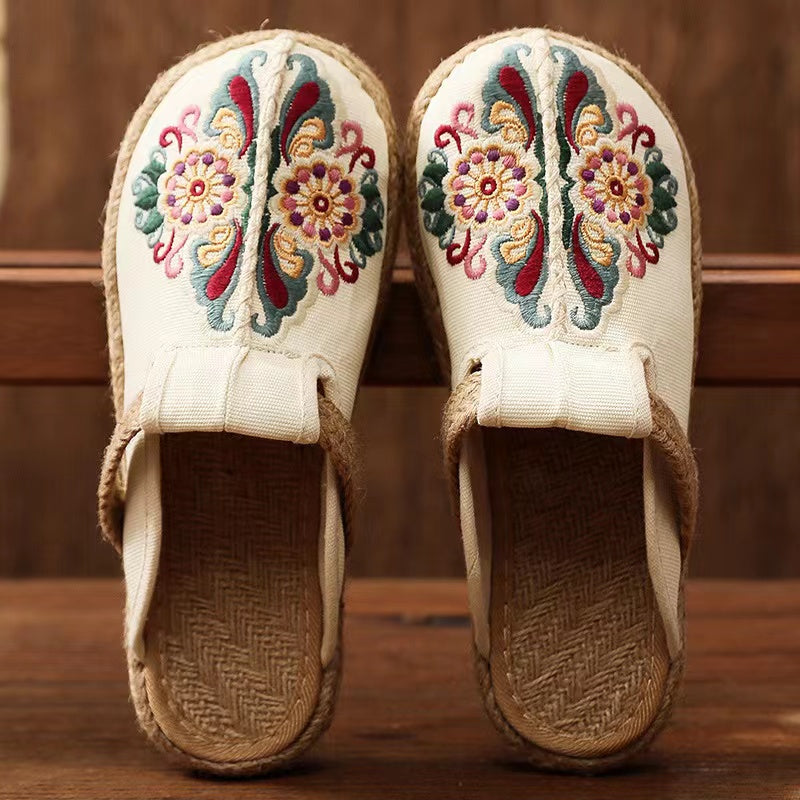 Scarpe Ricamate in Tela con Suola in Juta