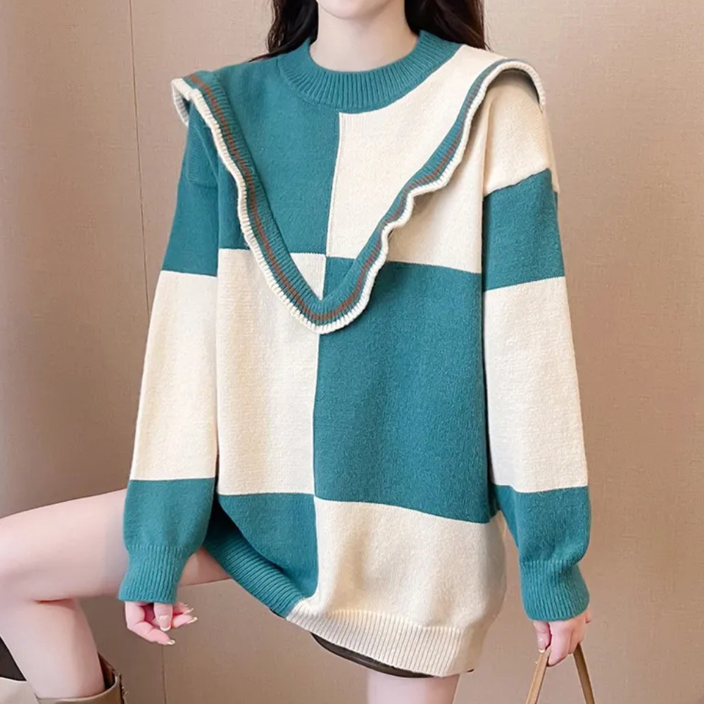 Maglione Oversize Donna | Blocchi di Colore | Colletto con Volant