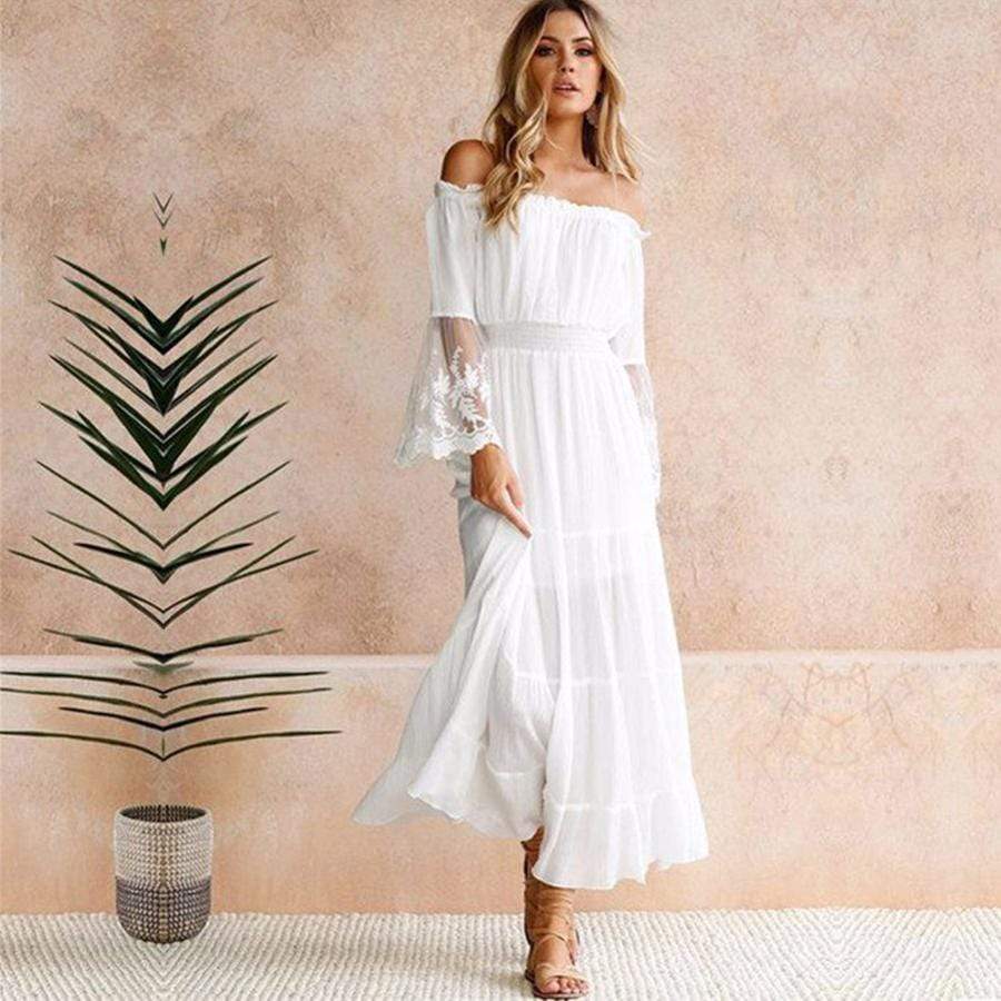 Abito Lungo Off-Shoulder | Poliestere | Stile Flowy Romantico