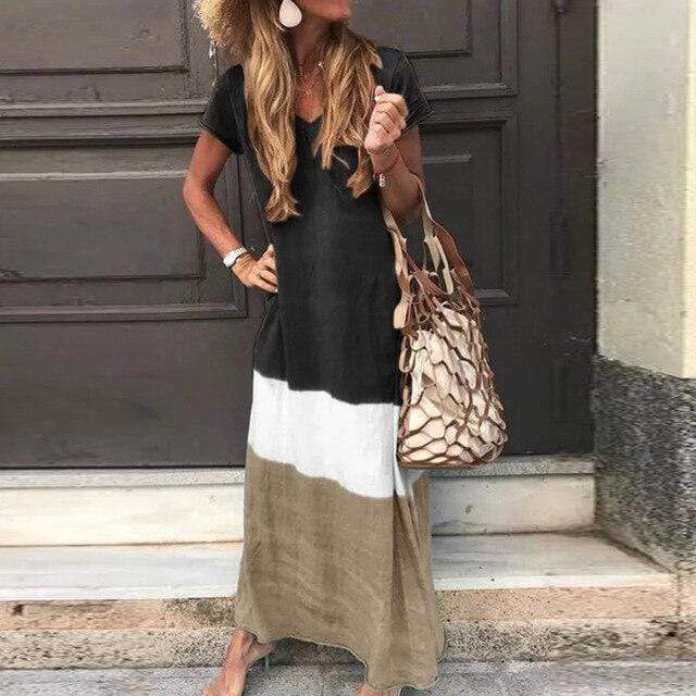 Abito Lungo Casual | Cotone Lino | Stile Color Block