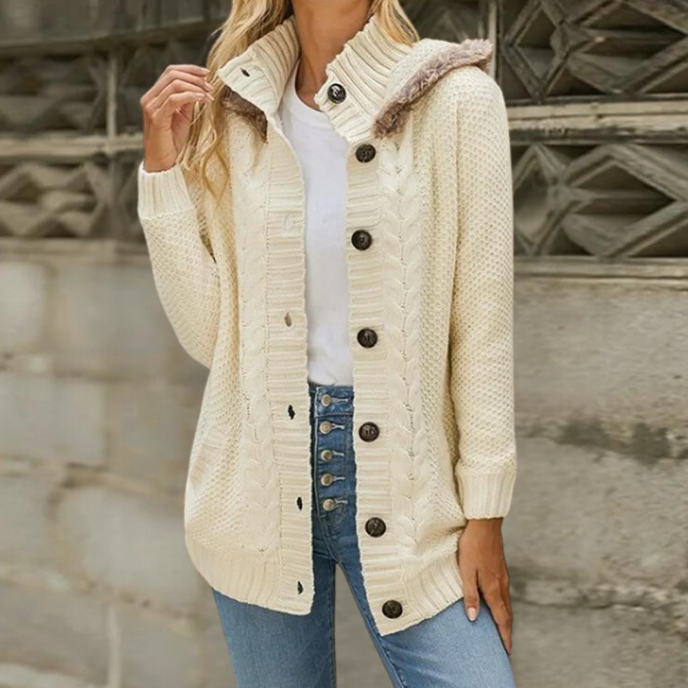 Cardigan Lungo Donna | Cappuccio in Eco-Pelliccia | Maglia Calda e Chic