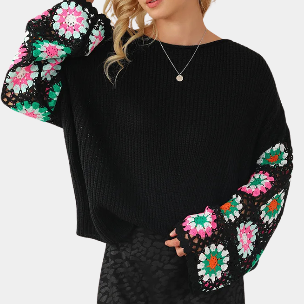 Maglione Nero con Maniche Crochet | Stile Boho | Morbido e Caldo