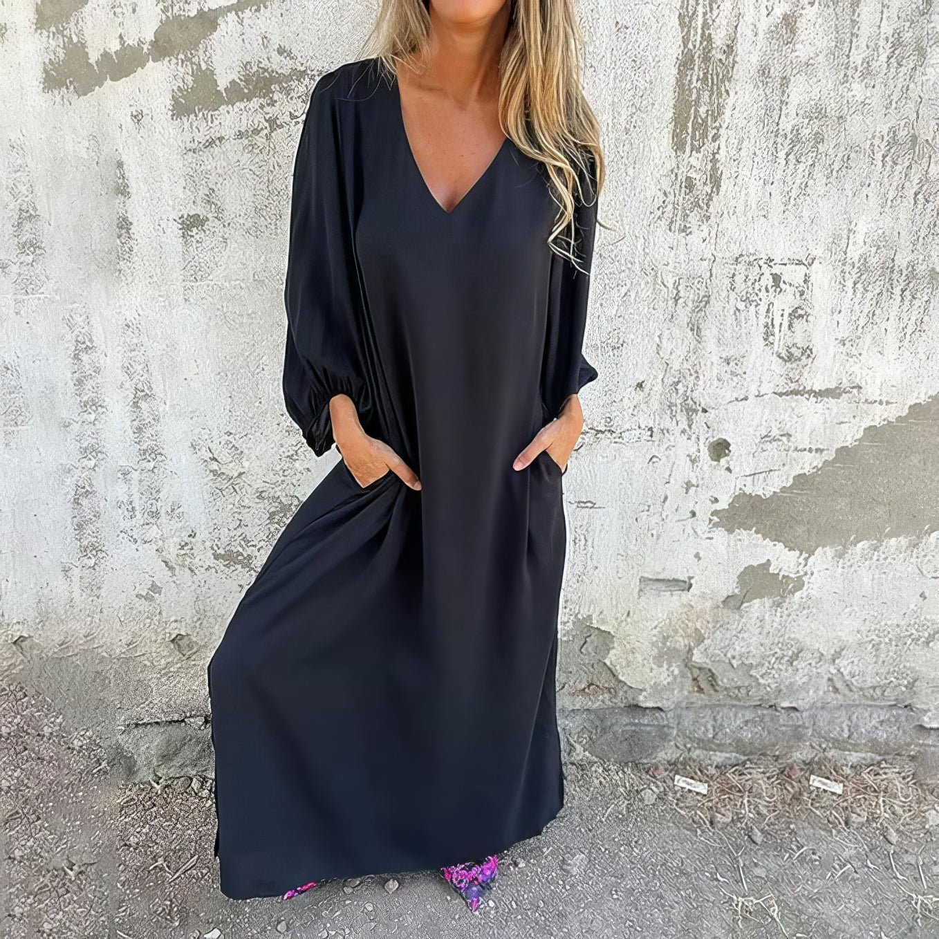 Abito Lungo Oversize | Poliestere | Maniche Ampie e Scollo a V