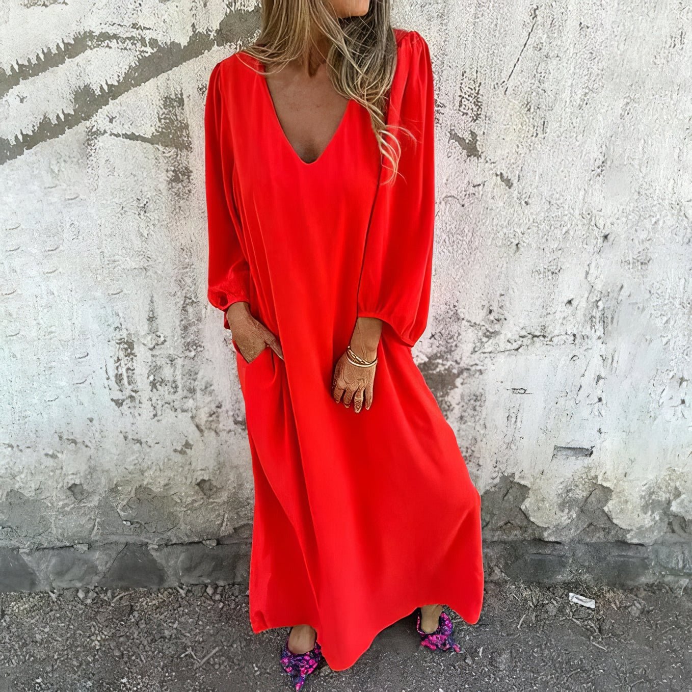 Abito Lungo Oversize | Poliestere | Maniche Ampie e Scollo a V