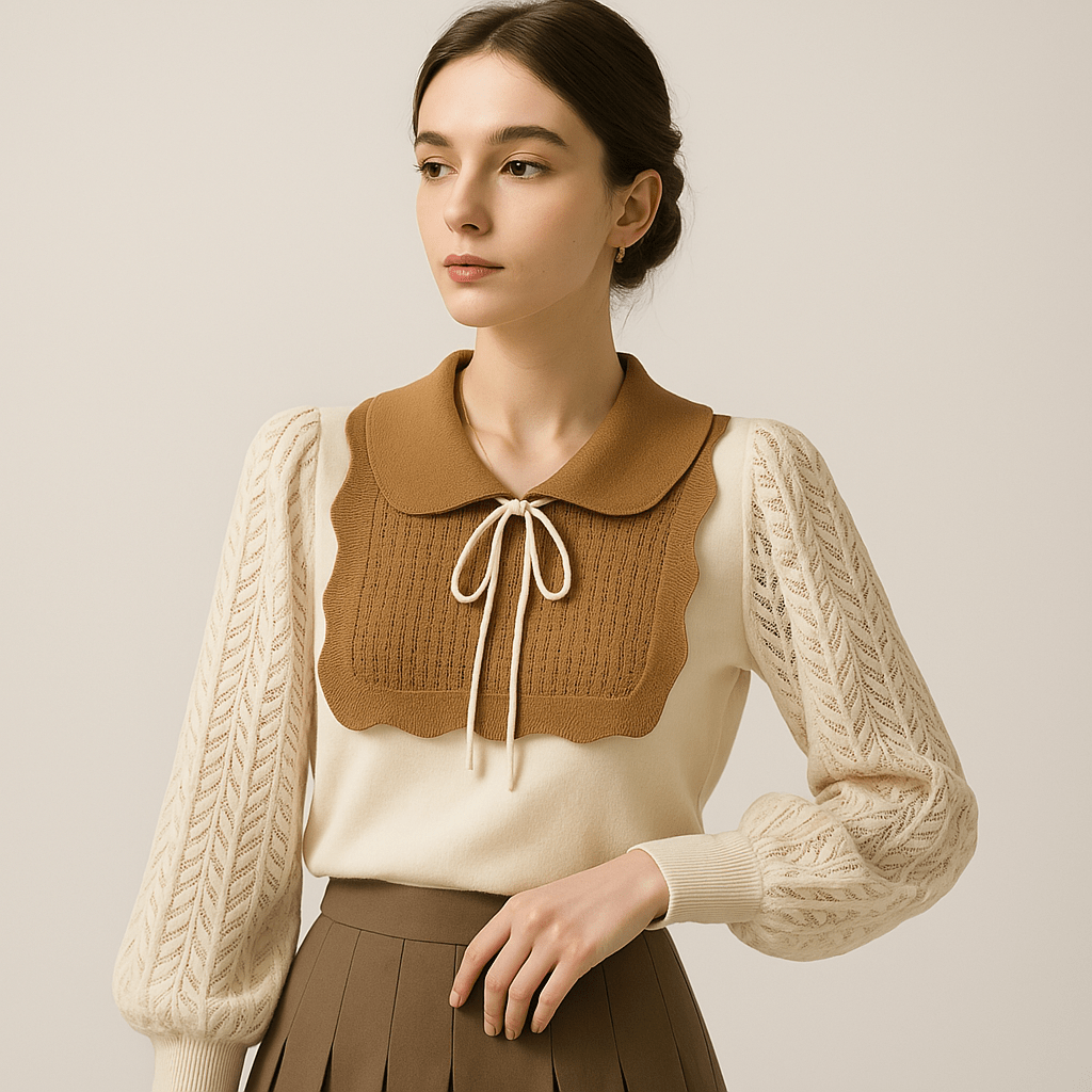 Blusa Elegante | Col Claudine a Contrasto | Maniche in Maglia