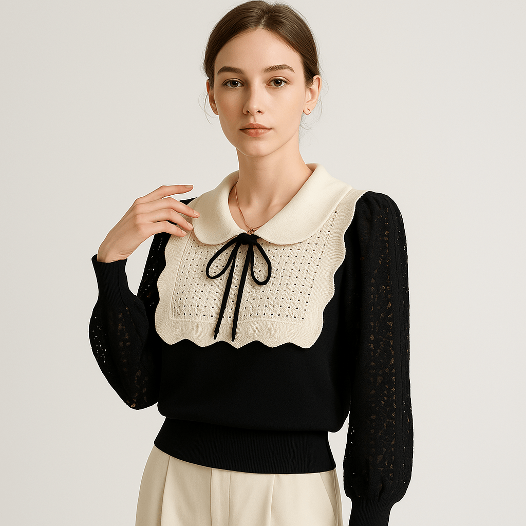 Blusa Elegante | Col Claudine a Contrasto | Maniche in Maglia