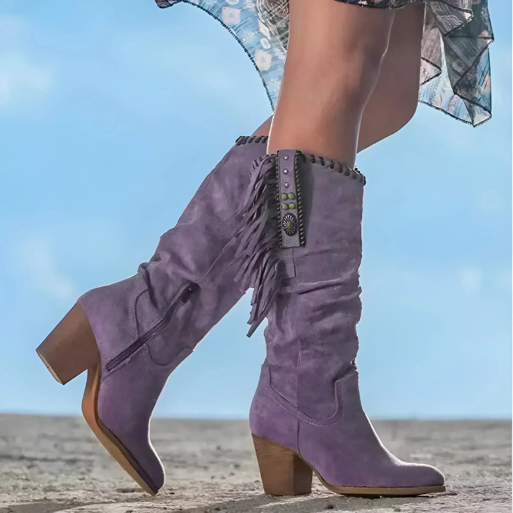 Stivali Western con Frange | Similpelle Scamosciata | Stile Boho Elegante