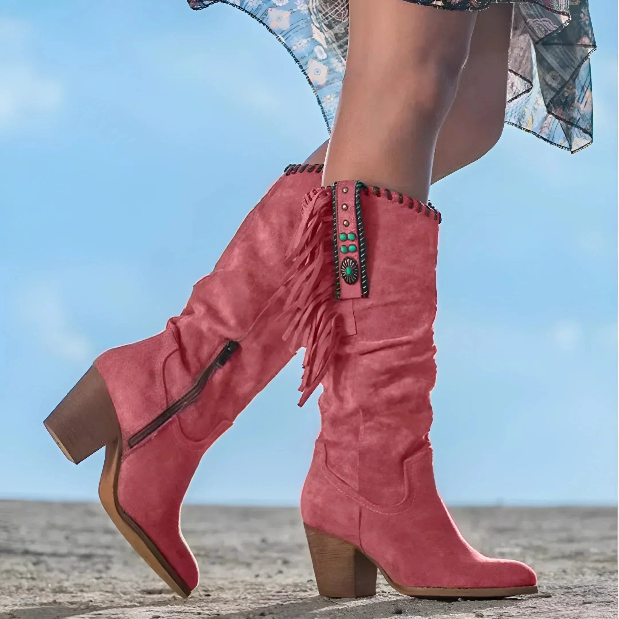 Stivali Western con Frange | Similpelle Scamosciata | Stile Boho Elegante