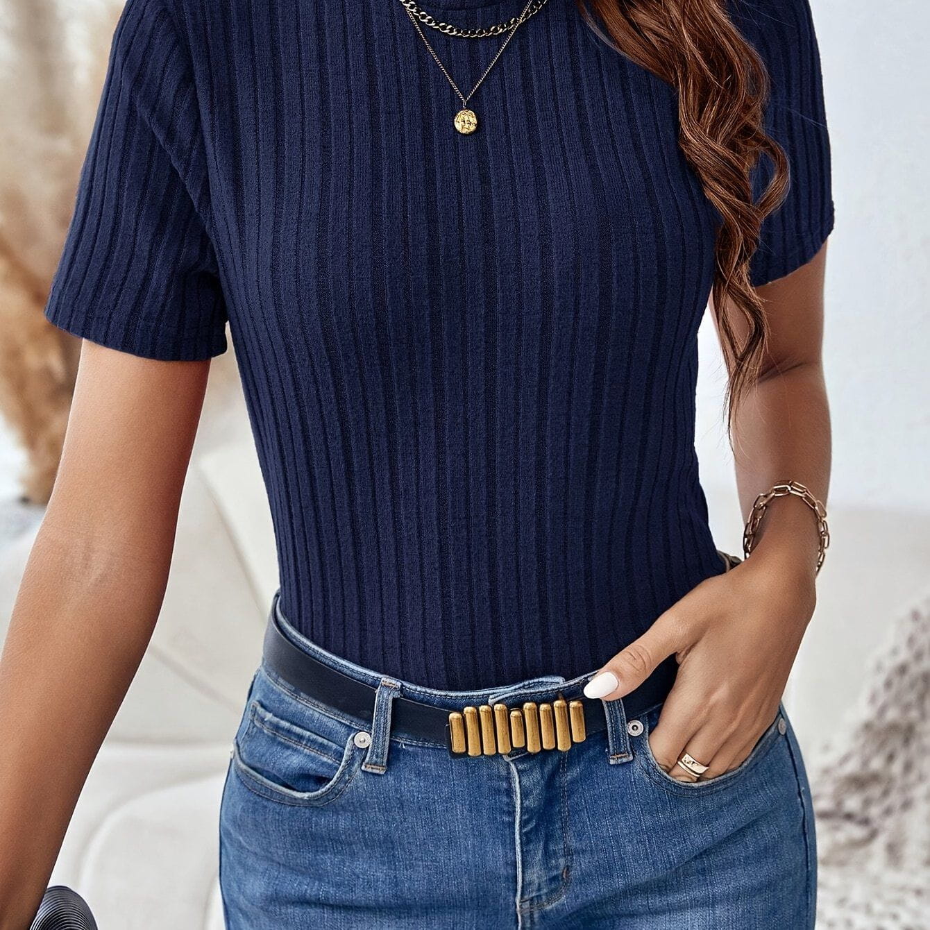 Top a Costine | Collo Alto | Blu Navy Elegante e Aderente