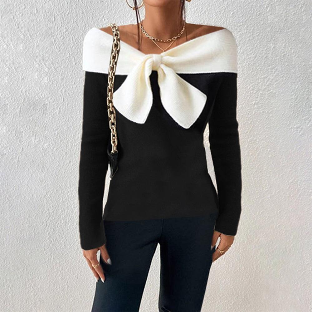 Maglione Elegante | Spalle Scoperte | Fiocco a Contrasto