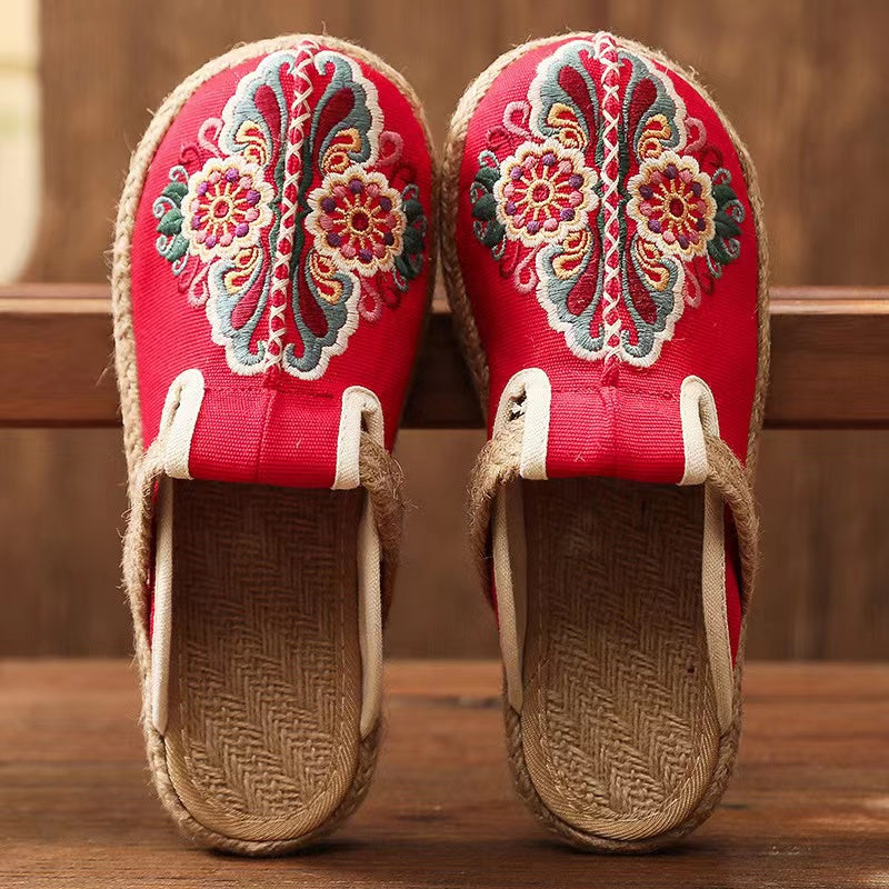 Scarpe Ricamate in Tela con Suola in Juta
