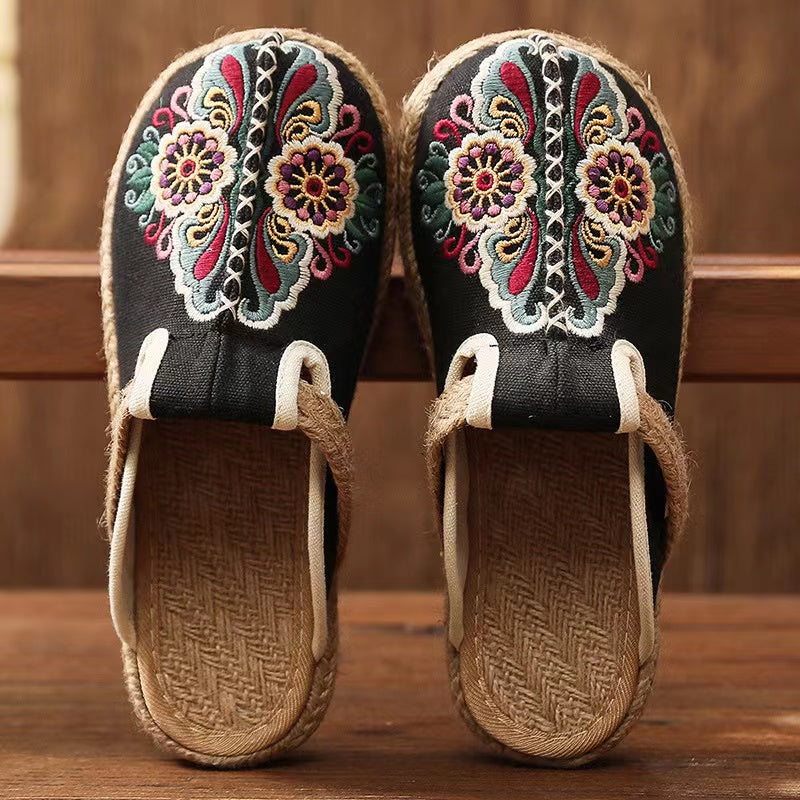 Scarpe Ricamate in Tela con Suola in Juta