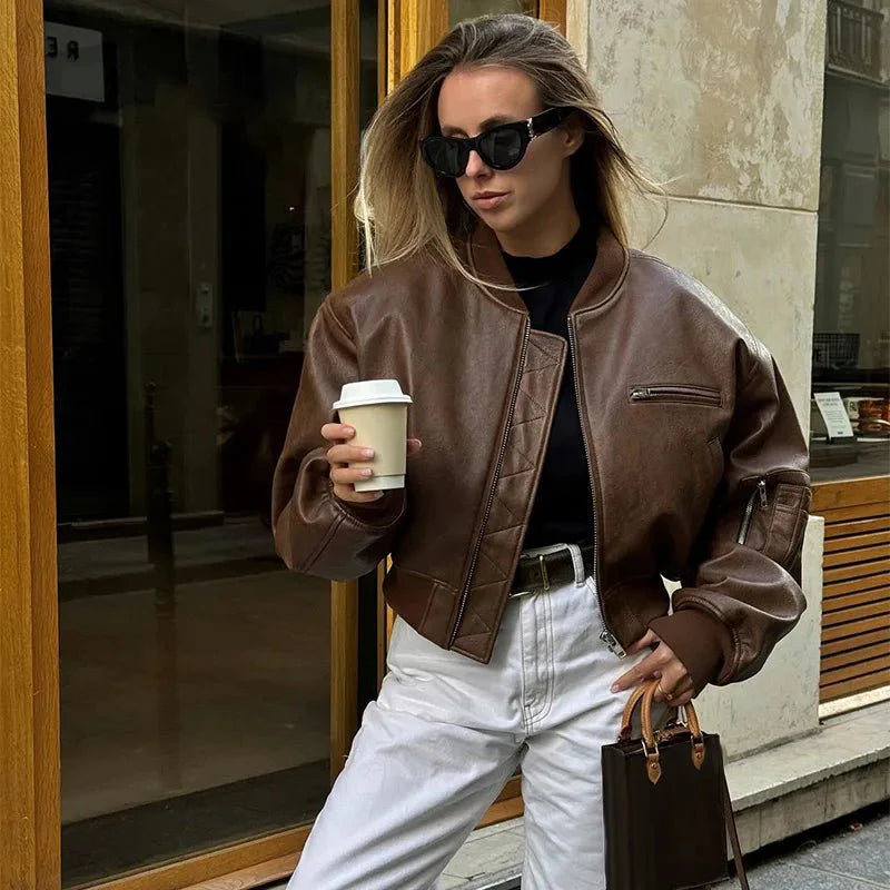 Giacca Bomber in Similpelle | Marrone Vintage | Taglio Corto Oversize