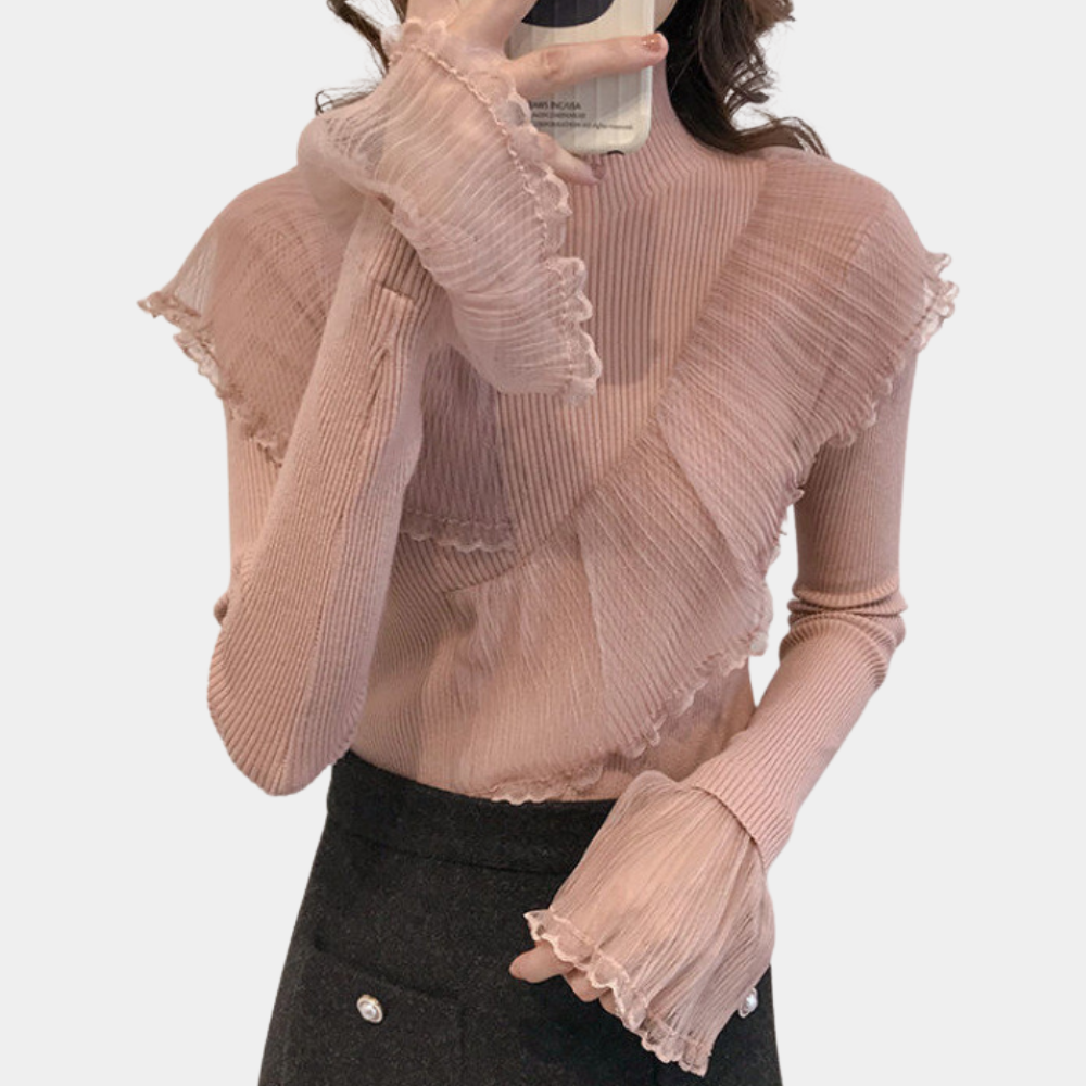Maglione Collo Alto Donna | Volant in Pizzo | Elegante e Morbido